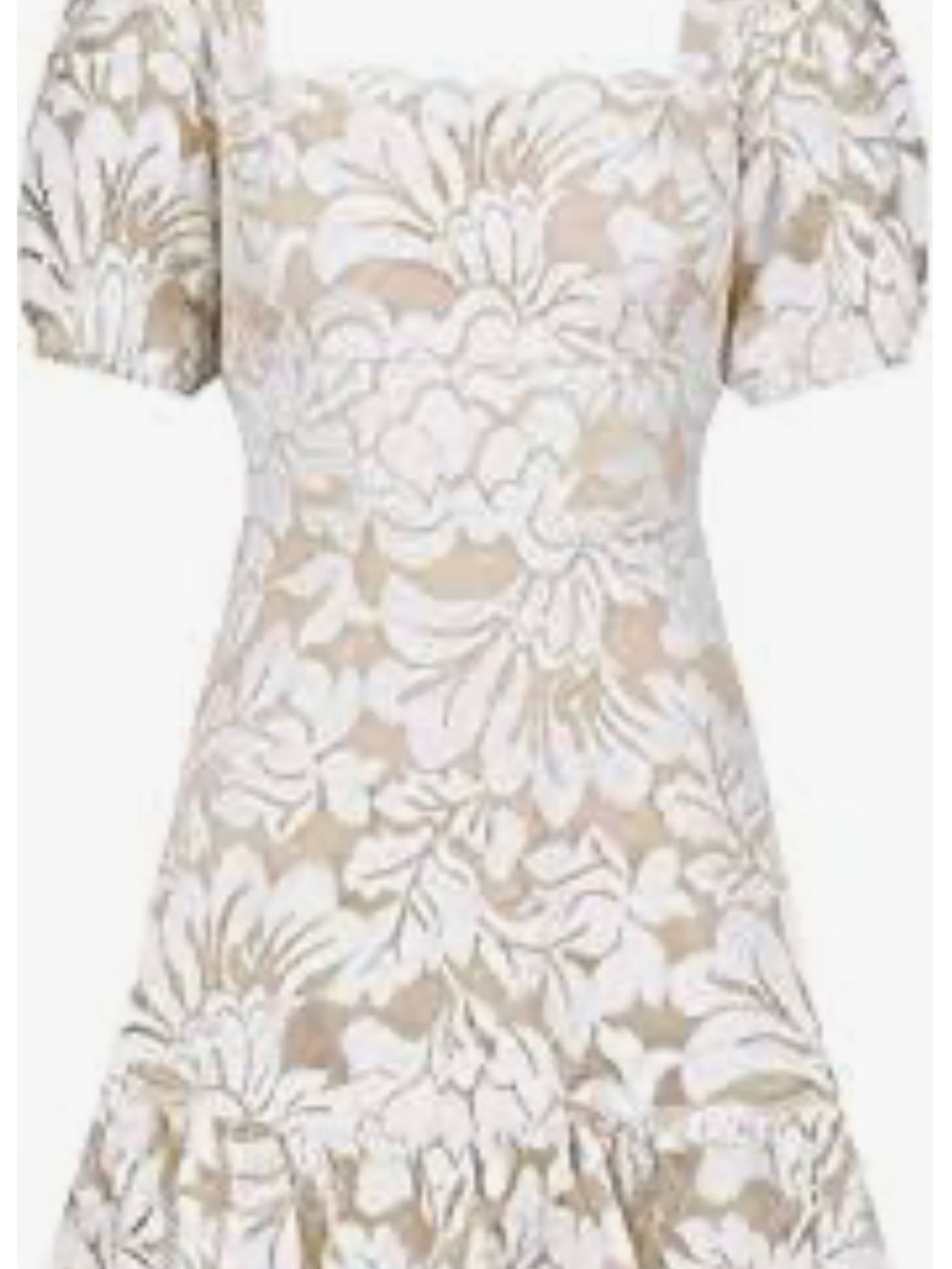 BCBG White and Cream Floral Lace A-Line Dress with Puff Sleeves
